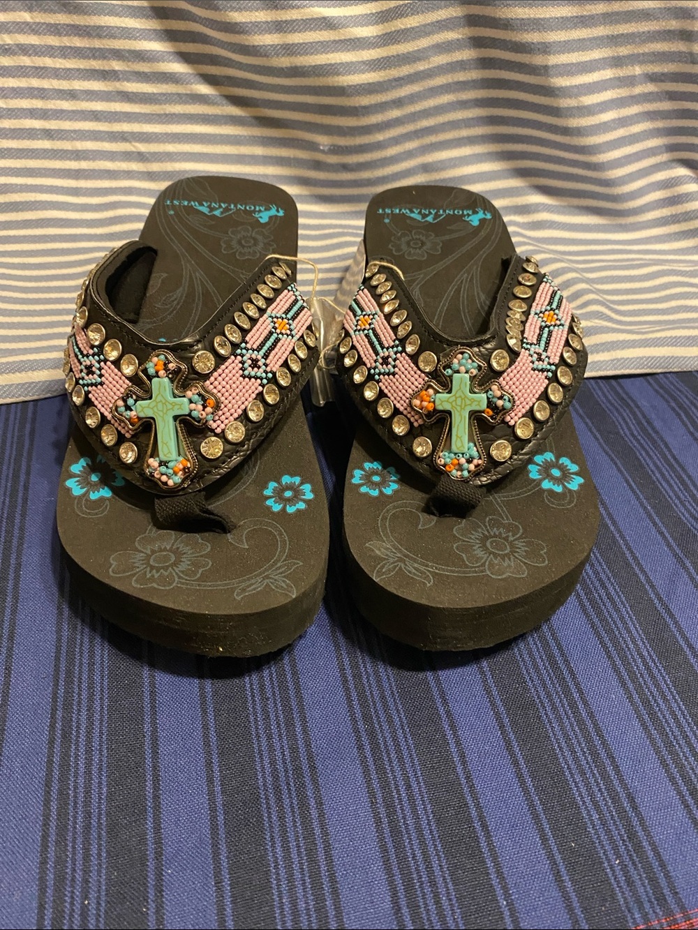 Montana West Black Flip Flops with Turquoise Cross and Pink Bead Accents